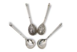 Set of four Russian silver enamelled egg spoons, S Stroganov, (assayer and some makers unclear or