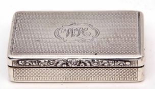 Large Victorian snuff box of rectangular form, having all over engine turned decoration, cartouche