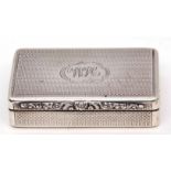 Large Victorian snuff box of rectangular form, having all over engine turned decoration, cartouche