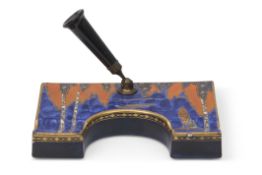 1930s Carlton ware Art Deco pen holder, the pottery body with an Art Deco design in blue and orange,