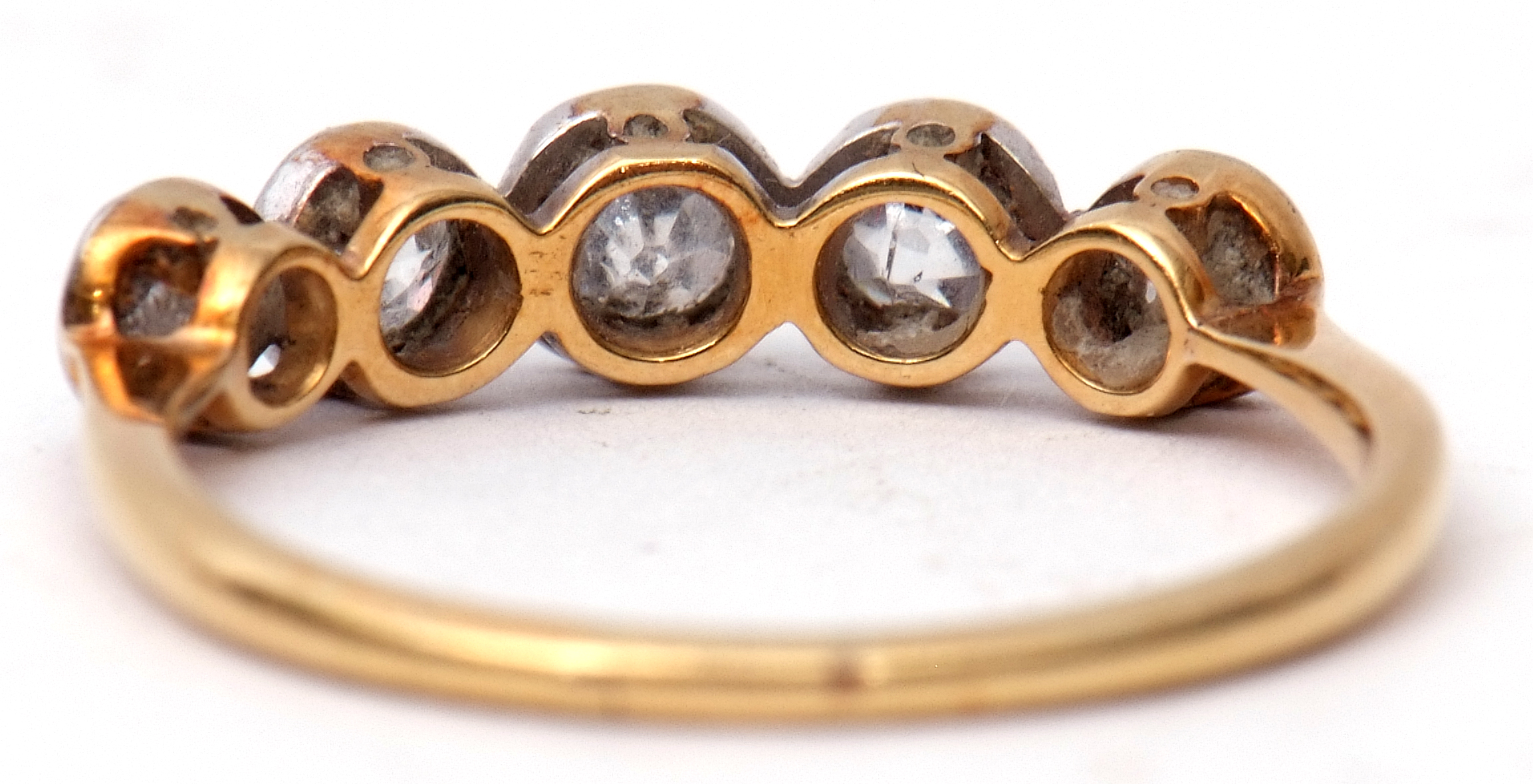 Five stone diamond ring featuring five old cut diamonds, each in millegrain settings and raised in a - Image 4 of 7