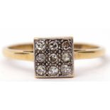 Art Deco diamond cluster ring featuring a square panel set with nine small diamonds, panel size