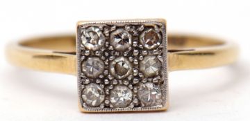 Art Deco diamond cluster ring featuring a square panel set with nine small diamonds, panel size