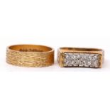 Mixed Lot: 18ct gold and diamond ring, a stylised textured design featuring a bridge of 12 small