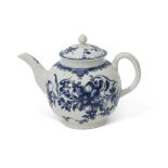 18th century Worcester porcelain tea pot with a blue and white painted design of flowers, the
