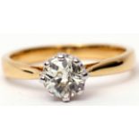 Single stone brilliant cut diamond ring, 0.82ct approx, multi-claw set and raised in a coronet