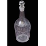 Mid-18th century decanter with engraved shoulders, "Port" label within a cartouche surrounded by