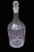 Mid-18th century decanter with engraved shoulders, "Port" label within a cartouche surrounded by