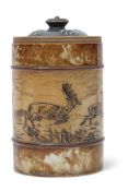 Doulton Lambeth tobacco jar and a cover, the jar with an incised design of deer on buff ground, by