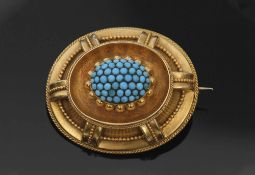 Victorian yellow gold and turquoise oval target brooch, circa 1880, centred with a dome of tiny