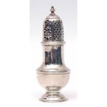George II muffinier of usual plain baluster form with foliate pierced domed lid, urn finial,