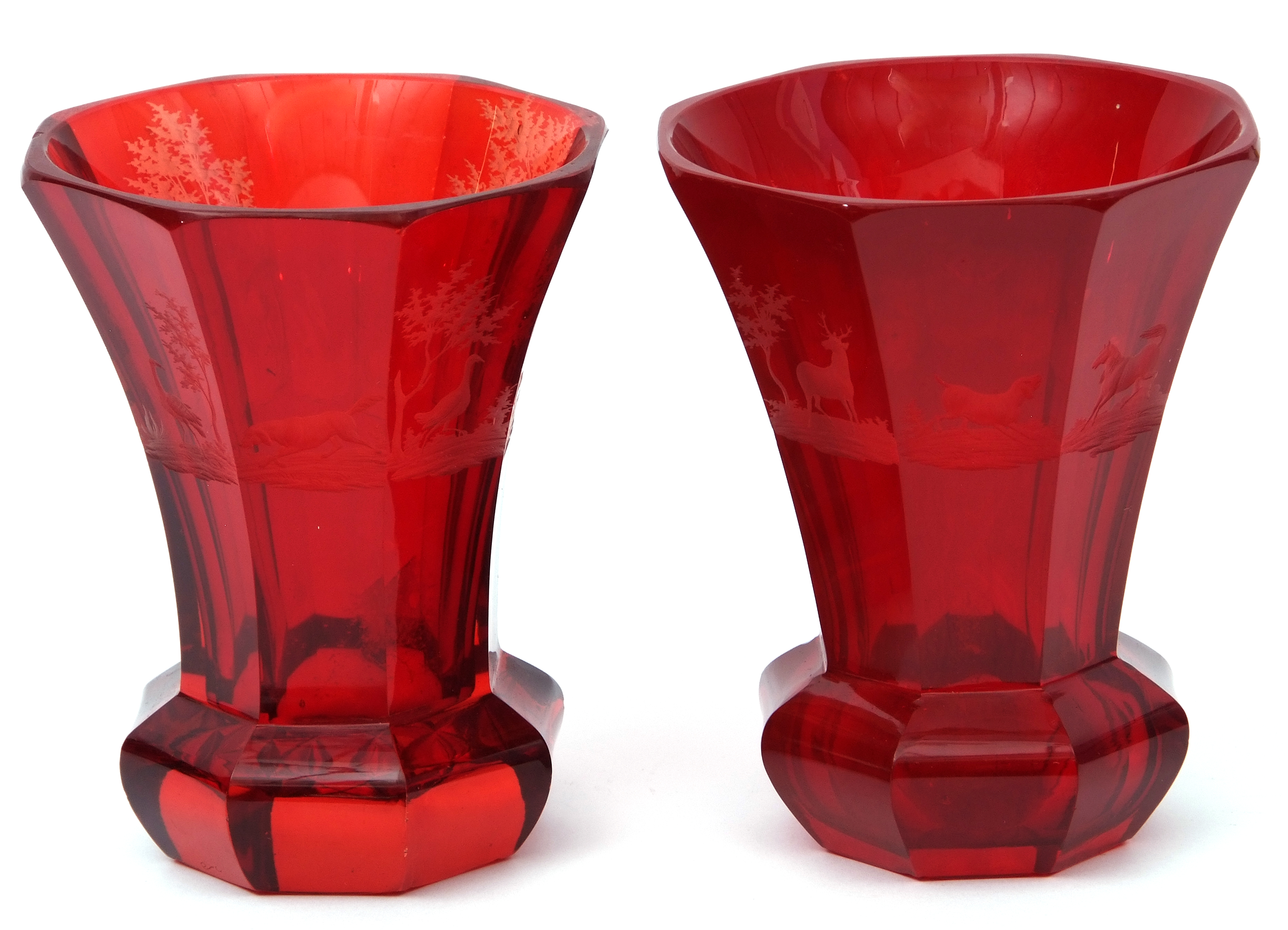 Pair of Bohemian ruby red vases of octagonal shape, the vases engraved ...