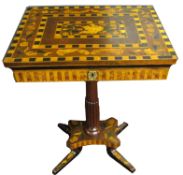 Decorative inlaid pedestal work or games table, profusely inlaid throughout with floral marquetry