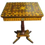 Decorative inlaid pedestal work or games table, profusely inlaid throughout with floral marquetry