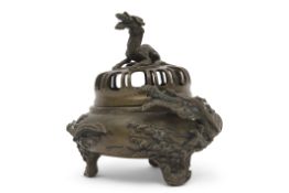 Ming style Chinese bronze censer, the body modelled in relief with a sinuous dragon, the cover