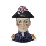 Mid-19th century Staffordshire tobacco jar modelled as Wellington with cover modelled as his hat,