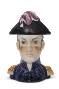 Mid-19th century Staffordshire tobacco jar modelled as Wellington with cover modelled as his hat,