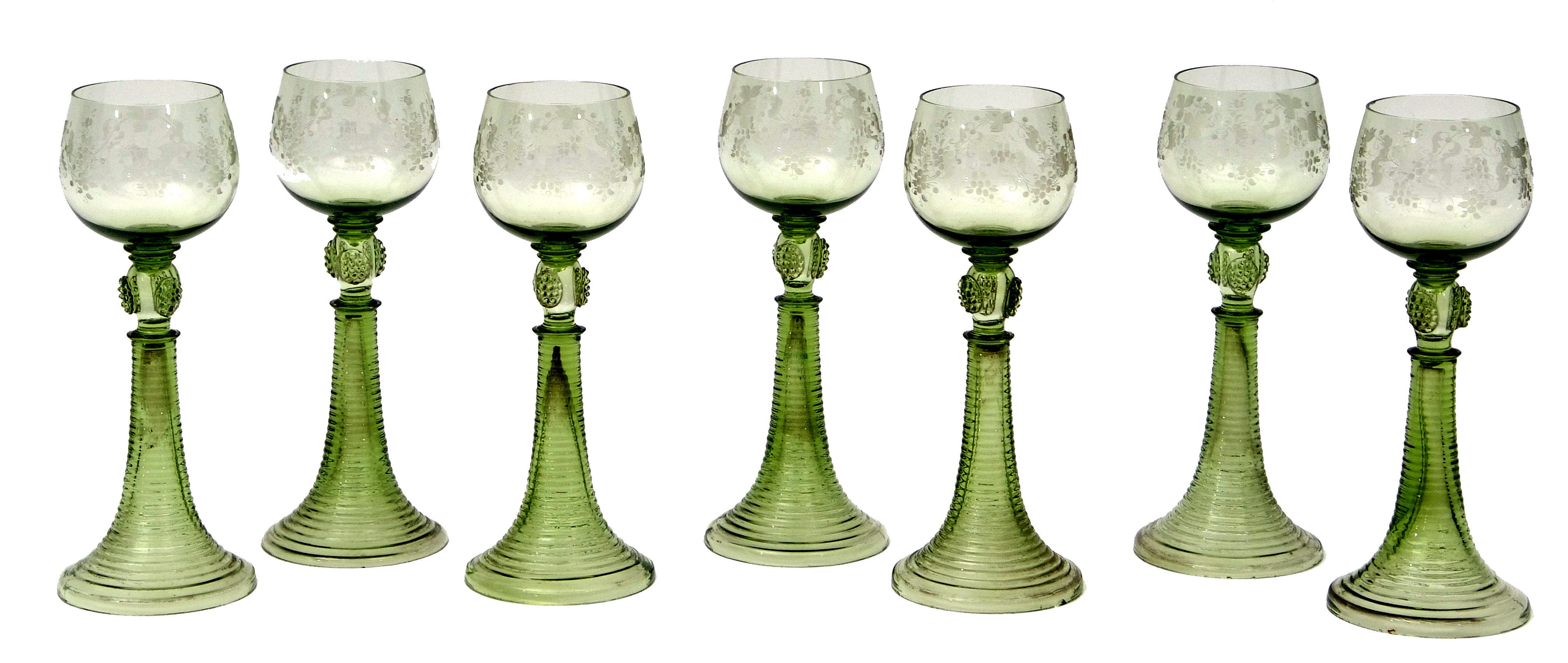 Group of seven Bohemian wine glasses, the bowls engraved with a fruiting vine design above a stem - Image 3 of 5