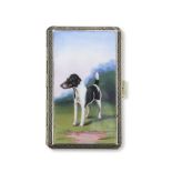 Early 20th century gilt metal small cigarette case, the top enamelled with a fox terrier in