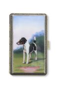 Early 20th century gilt metal small cigarette case, the top enamelled with a fox terrier in