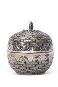 Very unusual rare woven basket design 1900 solid silver container with gilded interior, stamped '