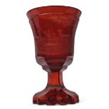 19th century Bohemian ruby glass vase or goblet, the bowl finely engraved with stags and deer in a