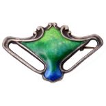 Art Nouveau silver and enamel brooch, a stylised vase shape with open work sides with green and blue