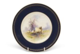 Early 20th century Royal Worcester side plate, the centre painted with sheep in a landscape,