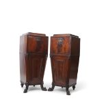 Pair of Regency mahogany pedestals with stepped beadwork detail top fitted with a single full