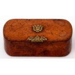 Burr walnut snuff box, circa 1820, unmarked, gold mounted, tested as 9ct gold
