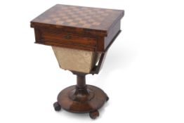 19th century walnut games/sewing table with inlaid chequerboard top which folds over to reveal a