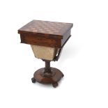 19th century walnut games/sewing table with inlaid chequerboard top which folds over to reveal a