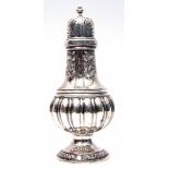 Large late Victorian sugar caster of circular baluster form with fluted and embossed body, urn
