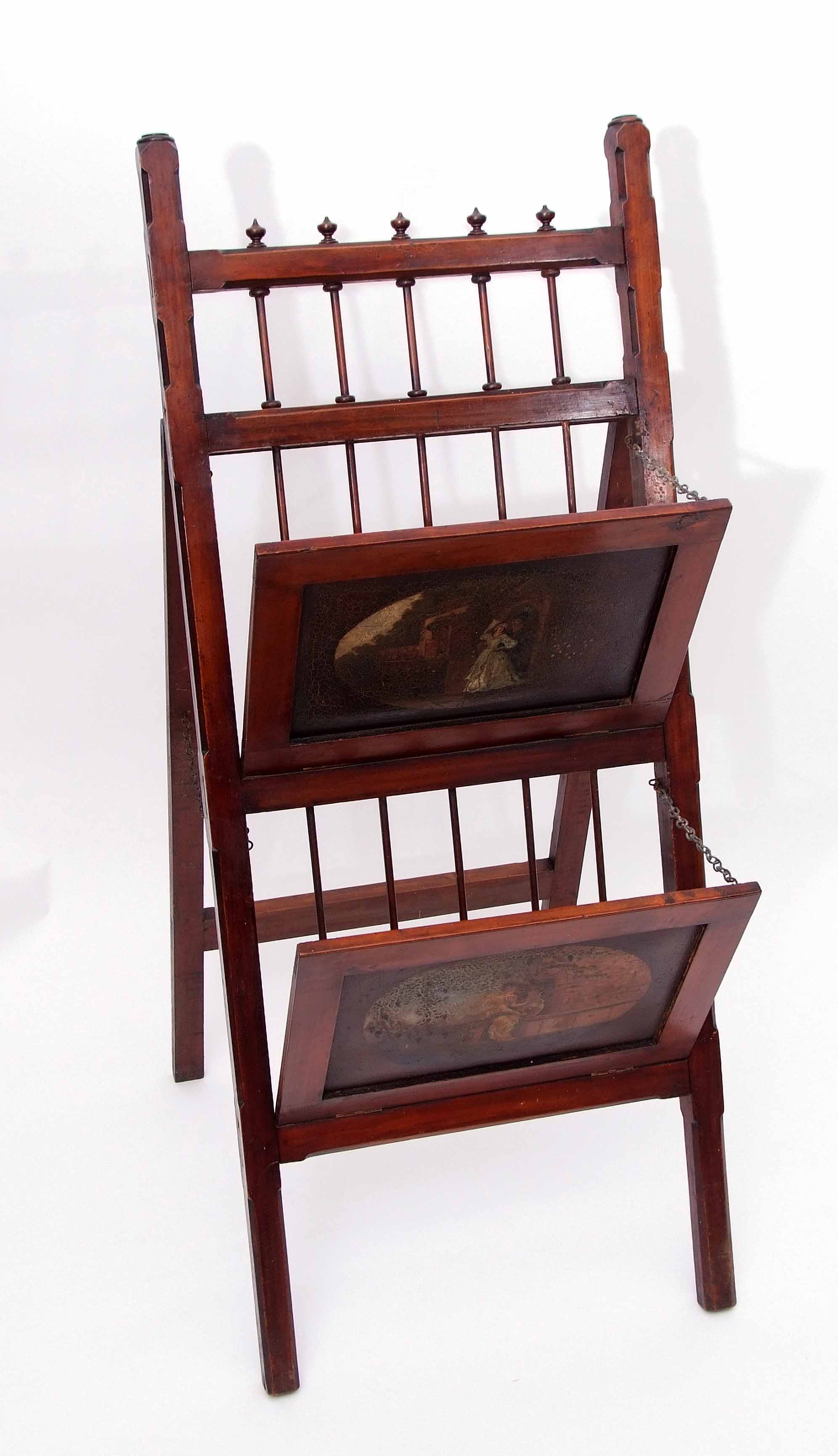 Victorian mahogany framed easel back music stand with painted oval panels of a maiden and a knight - Image 3 of 3