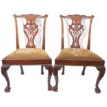 Set of 5 Chippendale style mahogany dining chairs, elaborate pierced splat backs, old tapestry