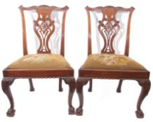 Set of 5 Chippendale style mahogany dining chairs, elaborate pierced splat backs, old tapestry