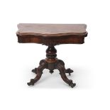 19th century rosewood fold-over card table with fitted aubergine baize interior on a turned urn