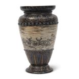 Large Doulton Lambeth vase by Hannah B Barlow, the body incised with stags and deer in a mountainous