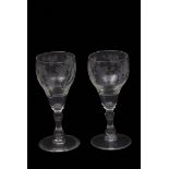 Pair of probably 18th century wine glasses, finely engraved with fruiting vines above a double