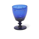 Absolon decorated blue glass rummer with bucket shaped bowl above knopped stem, the bowl