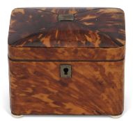 Small blonde tortoiseshell tea caddy, the lid with white metal stringing and central name plate over