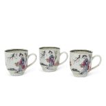 Three 18th century Liverpool Chaffers porcelain coffee cups, finely painted with polychrome