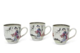 Three 18th century Liverpool Chaffers porcelain coffee cups, finely painted with polychrome