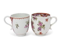 Two 18th century Lowestoft porcelain coffee cups, both with polychrome designs, one in so-called