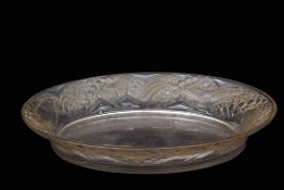 Large 1930s Lalique oval dish, the border with a moulded design of birds, probably pheasants, within