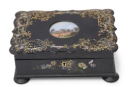 Small lacquered work box of shaped rectangular form, inlaid throughout in the Shibayama manner