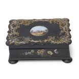 Small lacquered work box of shaped rectangular form, inlaid throughout in the Shibayama manner