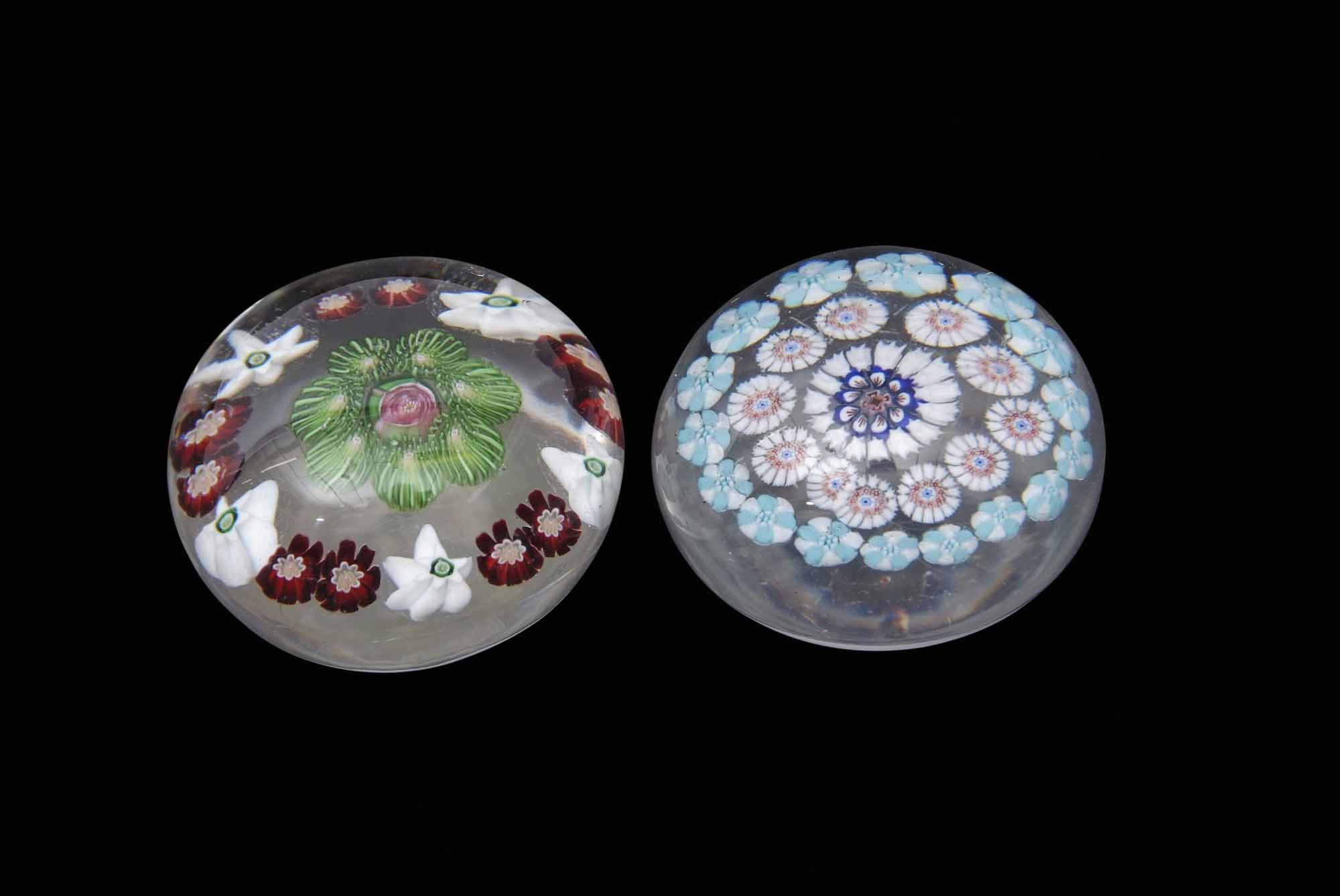 Clichy miniature concentric millefiori paperweight, clear glass with central pink and green rose