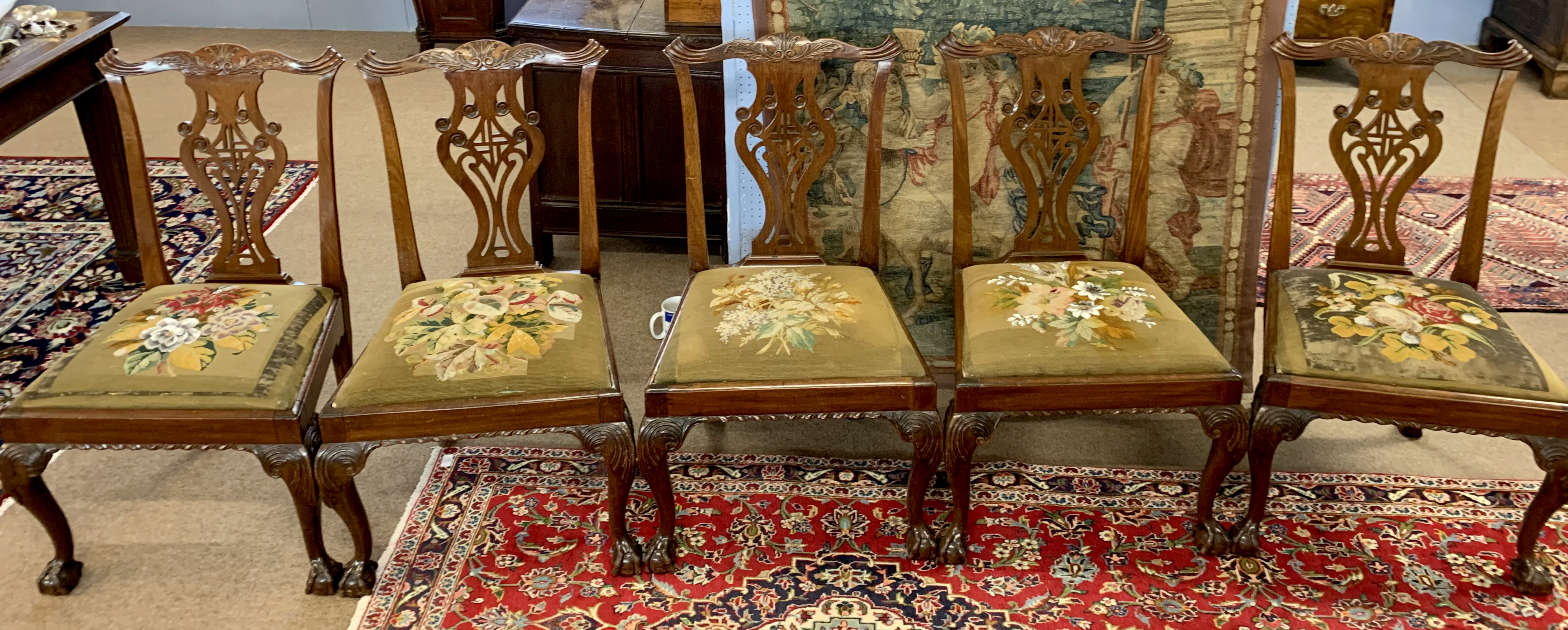 Set of 5 Chippendale style mahogany dining chairs, elaborate pierced splat backs, old tapestry - Image 2 of 2