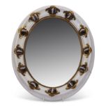 Arts & Crafts period oval wall mirror, the white painted frame applied with gilt metal mounted agate
